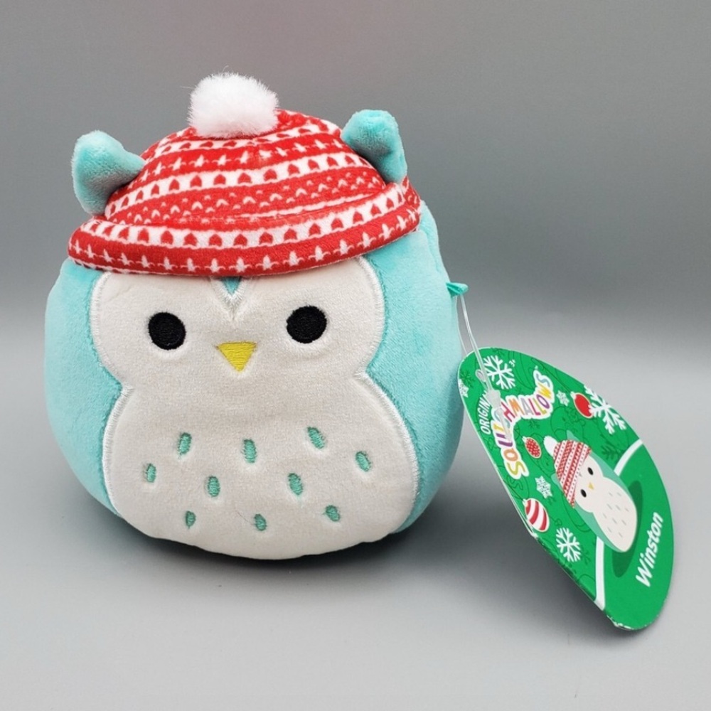 Squishmallows 4"  Blue Owl Bird Winston Winter Red Hat Plush